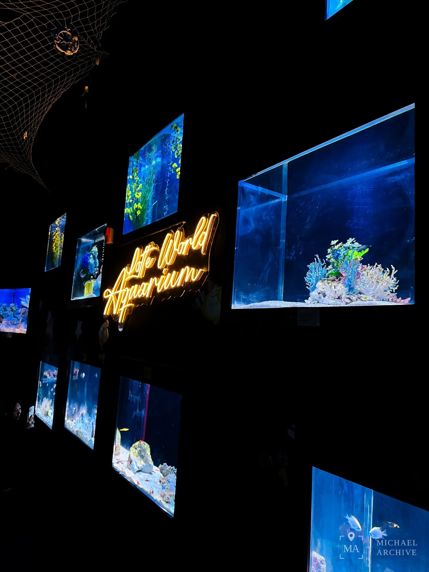 어두운 통로에 걸린 Lotte World Aquarium 네온 사인과 벽면 소형 수조들