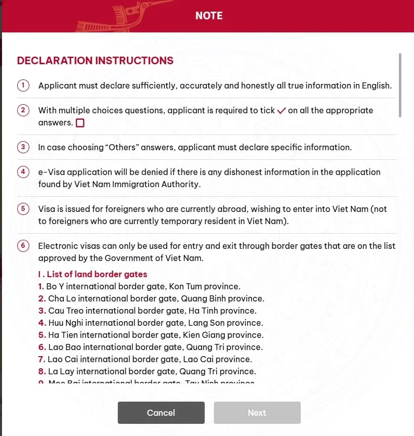 e-Visa 신청 전 나타나는 공식 안내문(DECLARATION INSTRUCTIONS). 영문 작성, 정확한 정보 입력, 지정 출입국 지점 사용 등의 조건을 먼저 확인한다