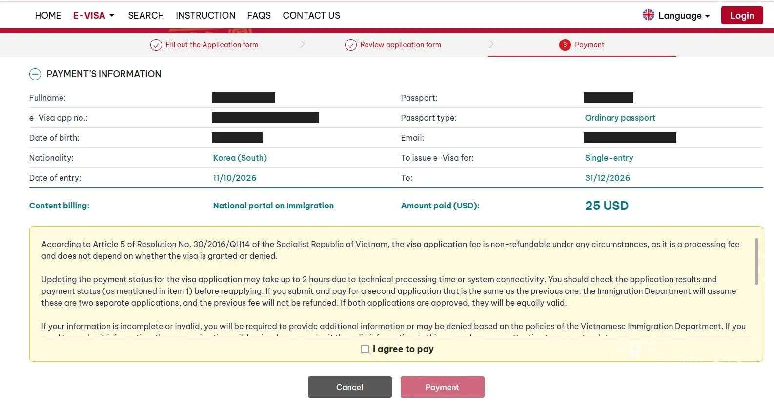 Payment’s Information — Single-entry, 유효기간(테스트용 예시 값), Content billing: National portal on Immigration, Amount paid 25 USD, 환불 불가·결제 반영 최대 2시간 안내와 I agree to pay(이름·여권번호·신청번호·생년월일·이메일은 가림)
