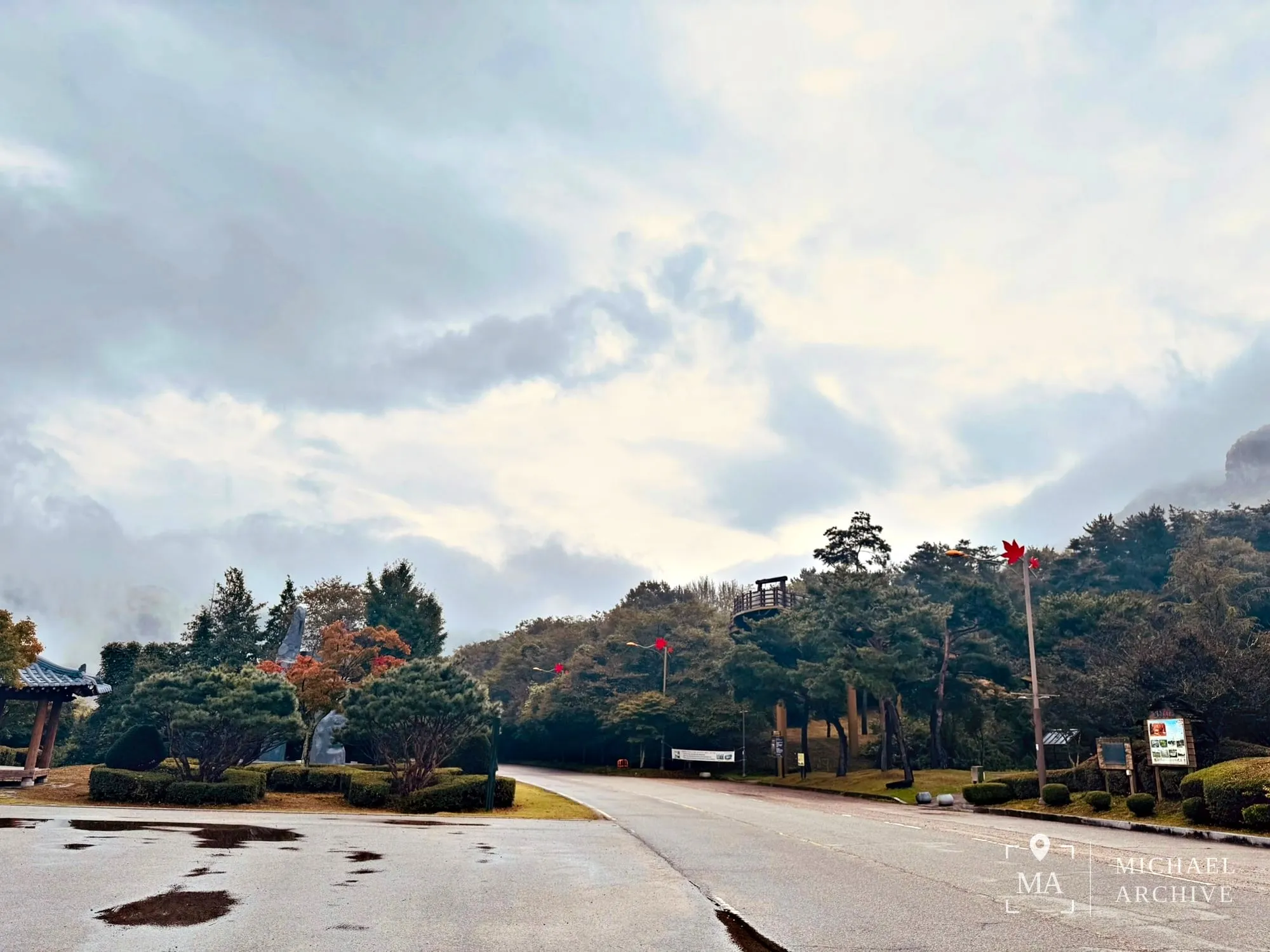 조각공원 앞 도로 — 물든 나무는 아직 한두 그루뿐이다