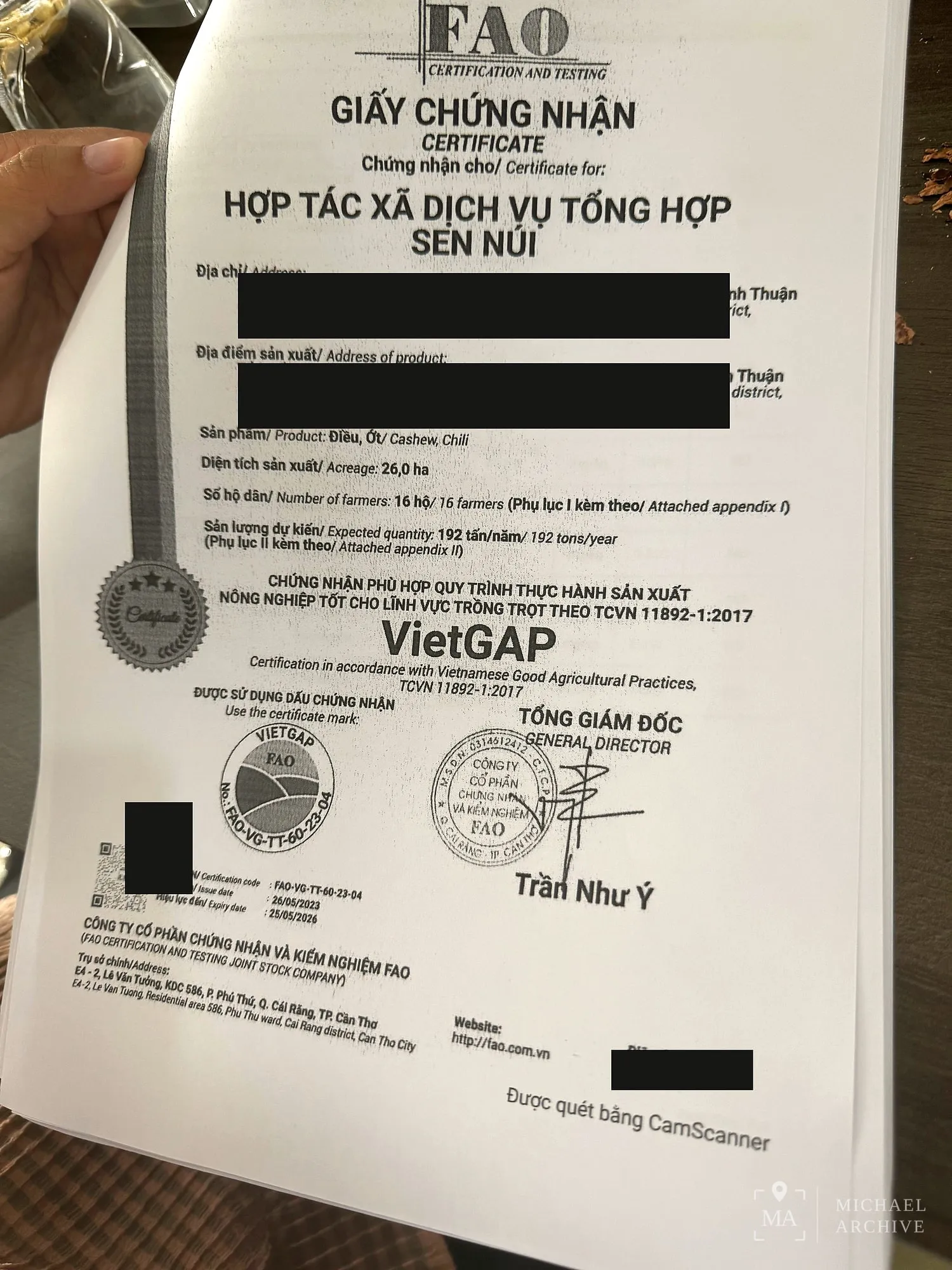 Sen Núi 협동조합의 VietGAP 인증서 (일부 개인정보는 가림)