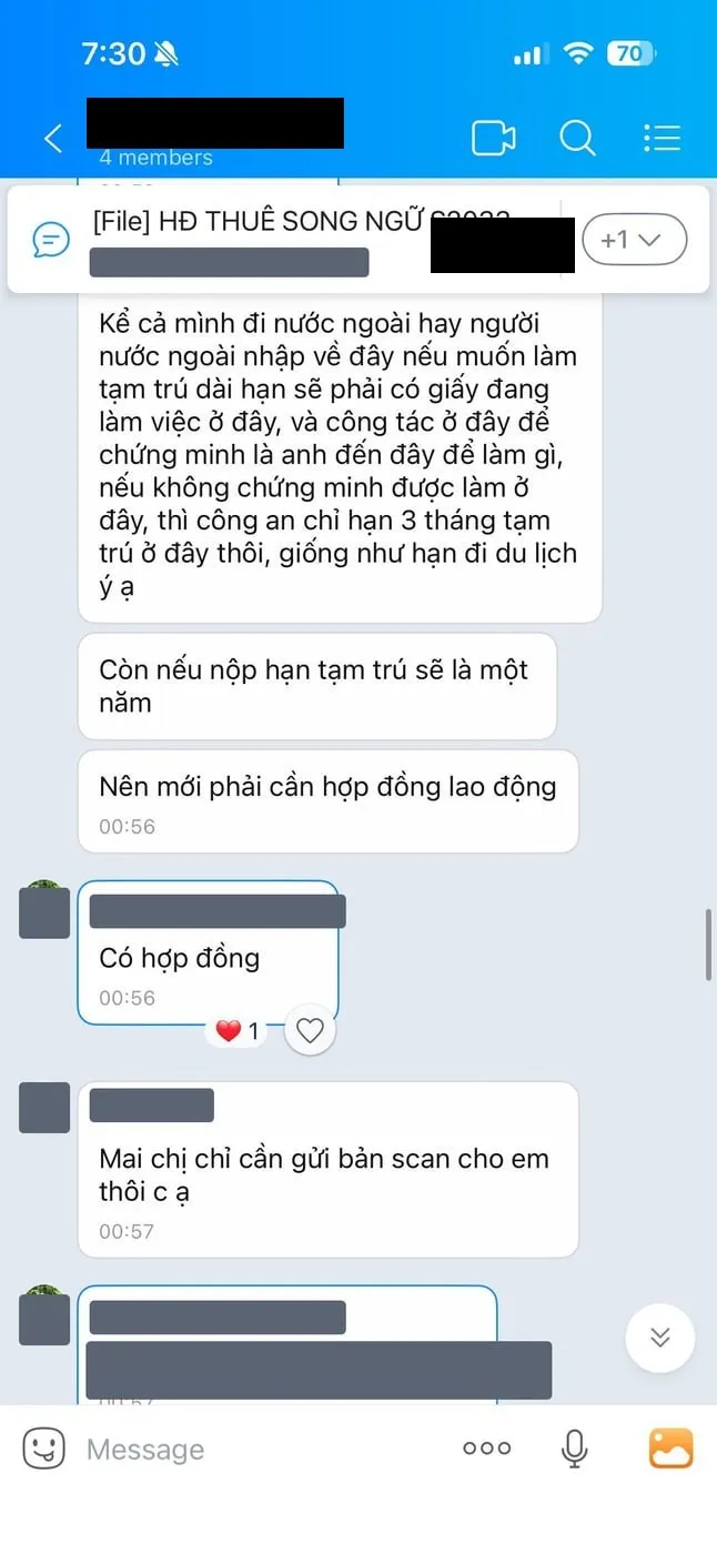 노동계약서가 없으면 3개월만 등록된다는 설명이 담긴 잘로 대화